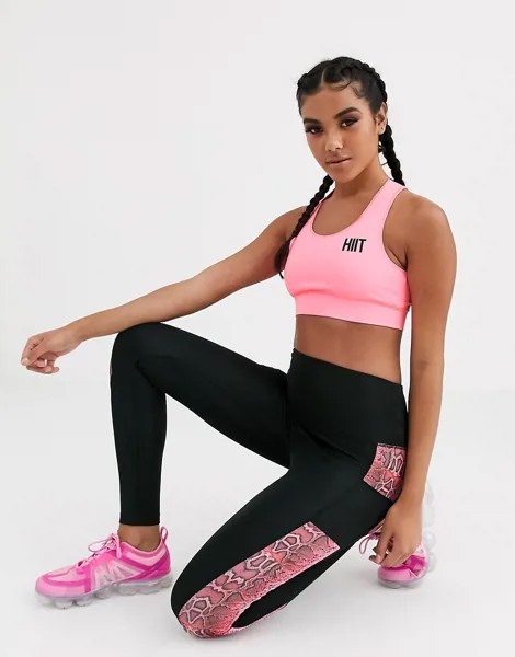 Леггинсы с розовым змеиным принтом на вставках по бокам HIIT-Черный