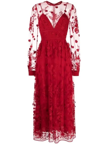 Elie Saab платье миди с цветочной вышивкой, красный