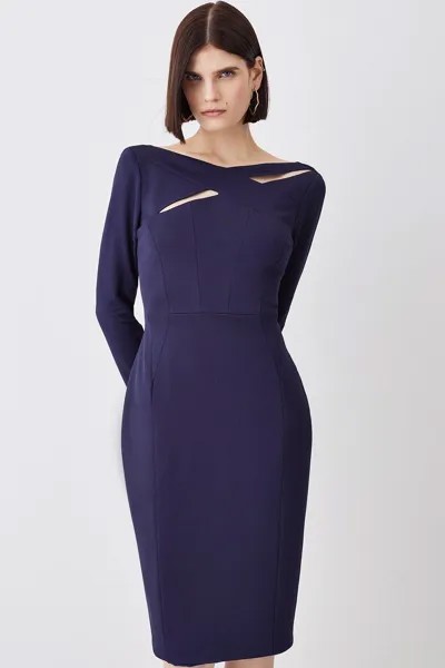 Итальянское структурированное платье-миди в рубчик с перекрестием Karen Millen, темно-синий