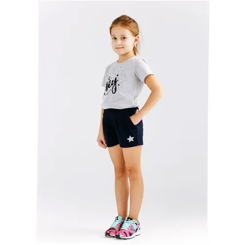 Комплект для девочки Diva Kids: футболка и шорты, 104 размер, серый меланж, темно синий, с принтом, с пайетками