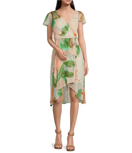 DKNY Миниатюрного размера, шифоновое платье с запахом и короткими рукавами, v-образным вырезом и завязкой на талии, мультиколор