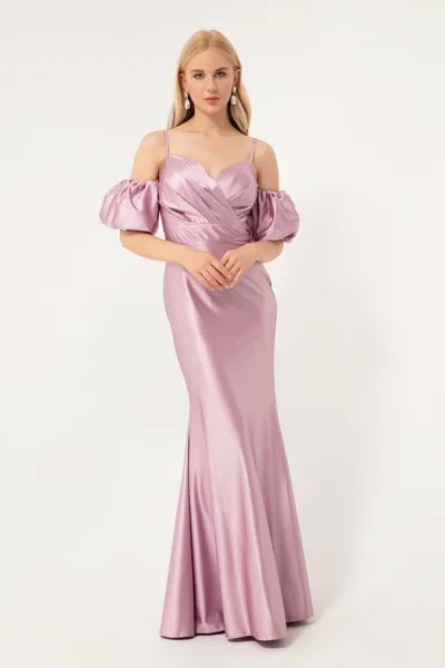 Женское длинное атласное вечернее платье сиреневого цвета с веревочным ремнем и низким рукавом Lafaba, фиолетовый