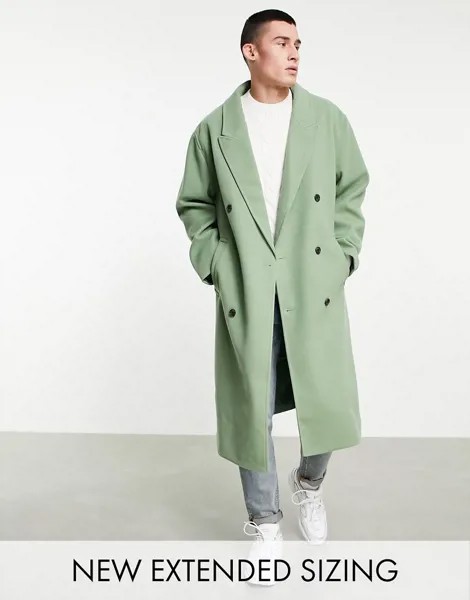 Шалфейно-зеленое длинное пальто в стиле oversized из материала под шерсть ASOS DESIGN-Зеленый цвет