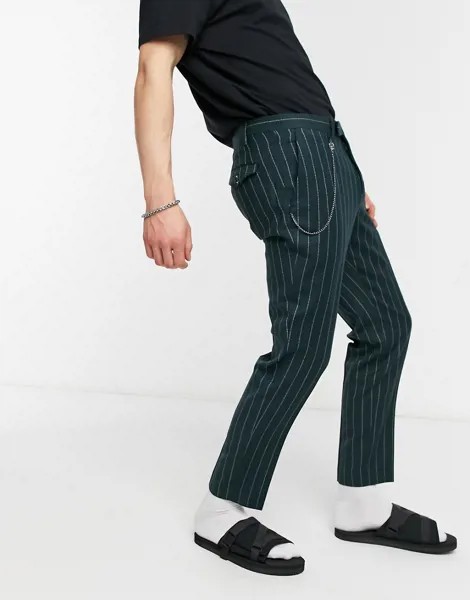 Зеленые укороченные зауженные брюки в тонкую полоску Twisted Tailor-Зеленый цвет
