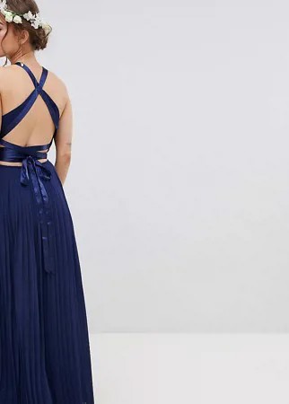 Плиссированное платье макси с перекрестной отделкой на спине TFNC Petite-Темно-синий