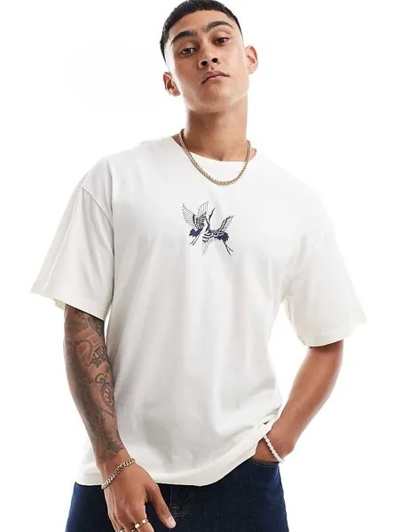 Jack & Jones футболка оверсайз белого цвета с принтом журавля на груди