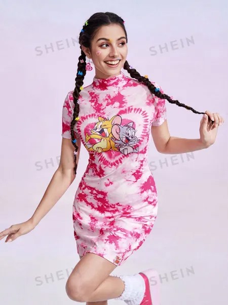 Платье с воротником-стойкой и принтом SHEIN Tie Dye, розовый