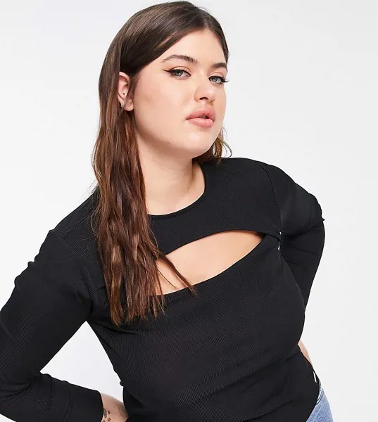 Черный лонгслив с декоративным вырезом спереди River Island Plus-Черный цвет