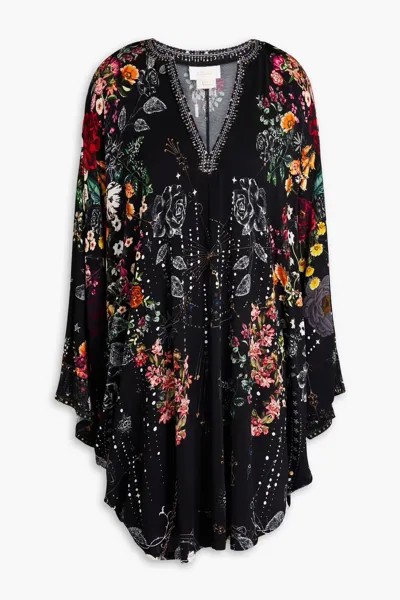 Платье мини из эластичного джерси с цветочным принтом и кристаллами Camilla, черный