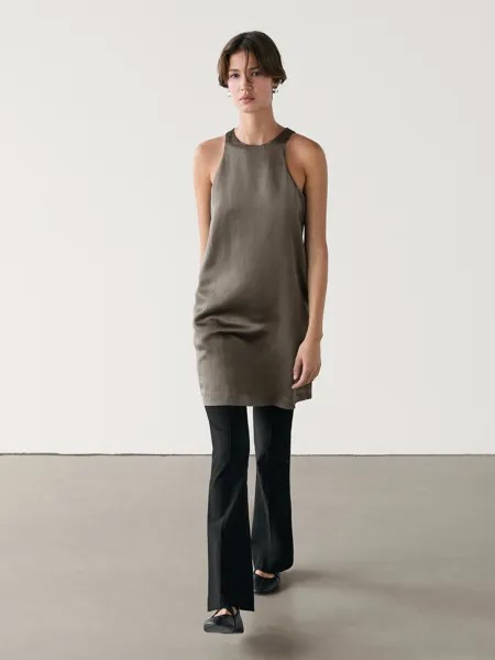 Струящееся атласное мини-платье Massimo Dutti, серый
