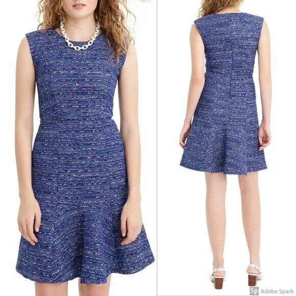 НОВОЕ Платье миди J. CREW Cobalt Blue Coco из твида букле с рифленым расклешенным краем и подолом 10
