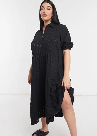 Черное ярусное платье-рубашка миди с узором бродери и короткими рукавами ASOS DESIGN Curve-Черный цвет