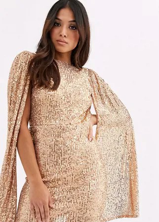 Золотистое платье мини с пайетками и складками на рукавах TFNC Petite-Золотой