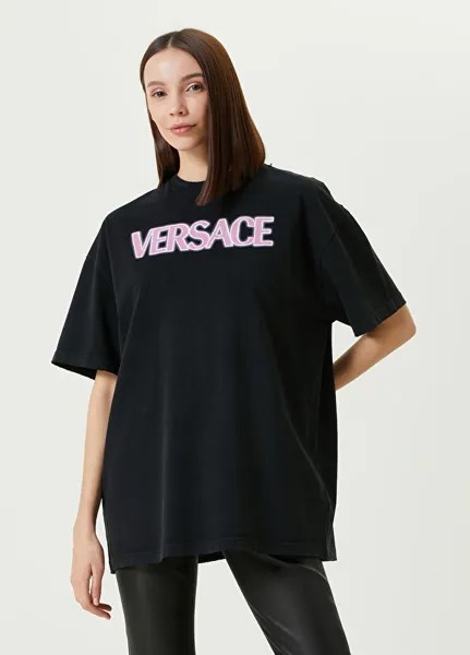 Черная футболка оверсайз с круглым вырезом и логотипом Versace