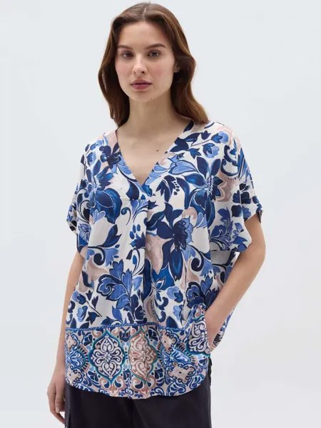 Блузка из крепа с цветочным принтом и V-образным вырезом Hybrid, цвет white/blue