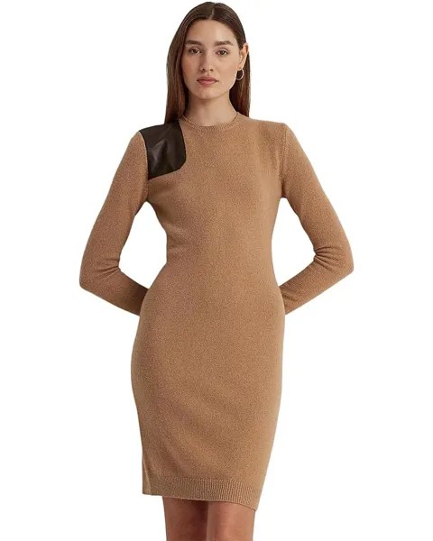 Платье LAUREN Ralph Lauren Petite Faux Leather Trim Wool Cashmere, кэмел