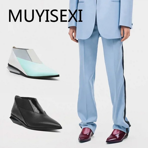 Европейский стиль, натуральная кожа, суперзвезда, заостренный носок, 3 см, низкий необычный каблук, слипоны, для офиса, работы, Лоскутные ботинки HL324 MUYISEXI