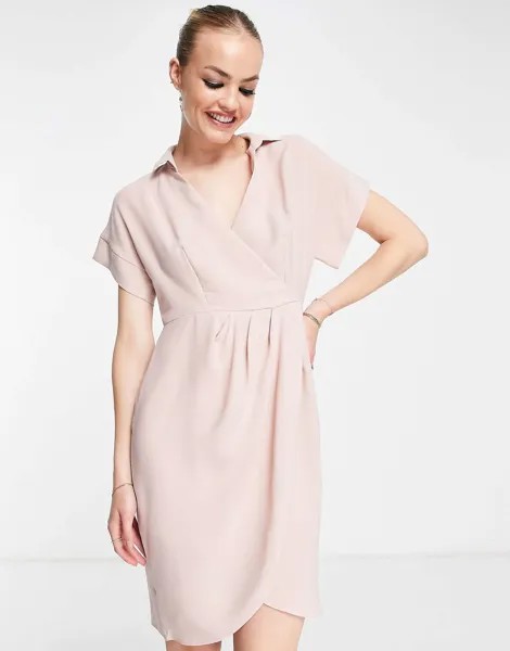 Розовое мини-платье-рубашка с запахом Closet London