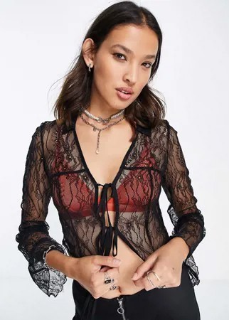 Черная кружевная рубашка с завязкой спереди ASOS DESIGN-Черный