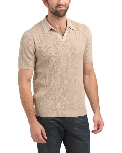 Свитер-поло в сетчатую полоску с короткими рукавами Perry Ellis, цвет Fossil
