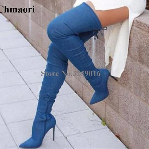 Голубые джинсовые ботфорты выше колена с острым носком, новинка, модные женские привлекательные ботфорты, Классическая обувь