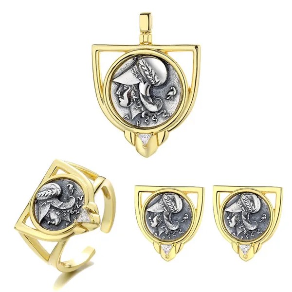 YDNF ZFSILVER S925 Серебряная Мода Athena ретро золотая старинная монета набор сережек Кольца Подвески без цепочки женские свадебные ювелирные изделия