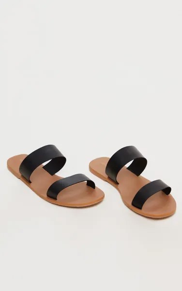 PrettyLittleThing Черные кожаные сандалии с широкими ремешками и двумя ремешками