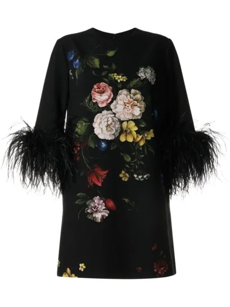 Платье мини с цветочным принтом и перьями Elie Saab, черный