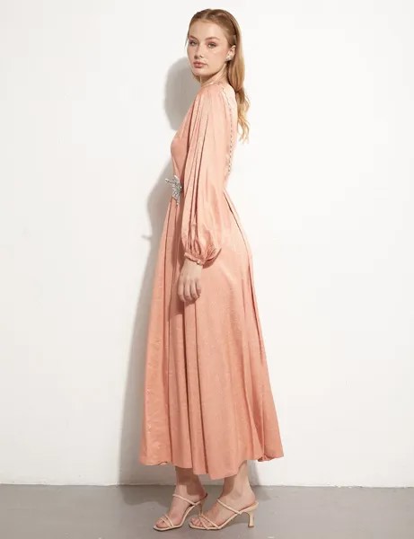 Плиссированное платье с объемными рукавами персикового цвета Kayra