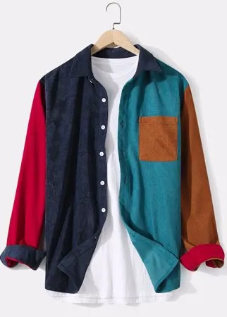 Мужские вельветовые рубашки в стиле пэчворк с цветным блоком Relaxed Fit с длинным рукавом с карманом