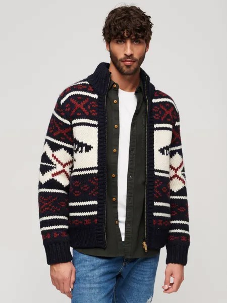 Кардиган на молнии массивной вязки с узором Superdry, темно-синий/мульти