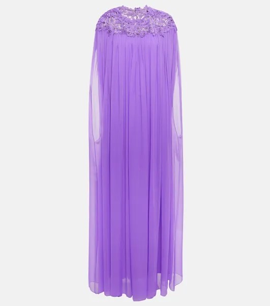 Платье из шелкового крепа с кружевом OSCAR DE LA RENTA, фиолетовый