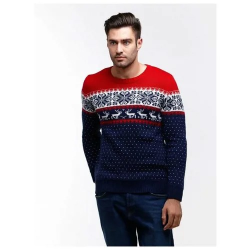 Шерстяной свитер с высоким горлом, скандинавский орнамент с оленями и снежинками, тено-синий с красным цвет, колорблок , натуральная шерсть, цвет, размер M