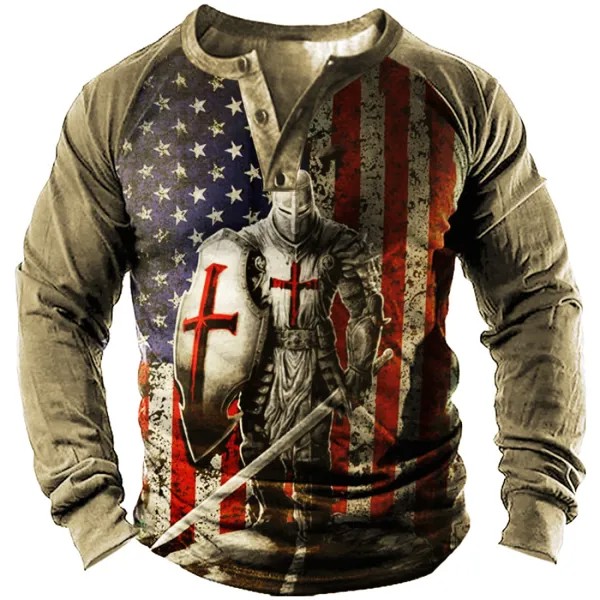 Мужская футболка с длинными рукавами Henley с принтом американского флага Templar Jesus Cross Vintage