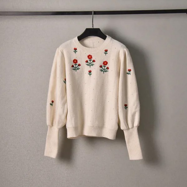Женский трикотажный пуловер с цветочной вышивкой, абрикосовый или оранжевый свитер из шерсти, весна-осень 2022