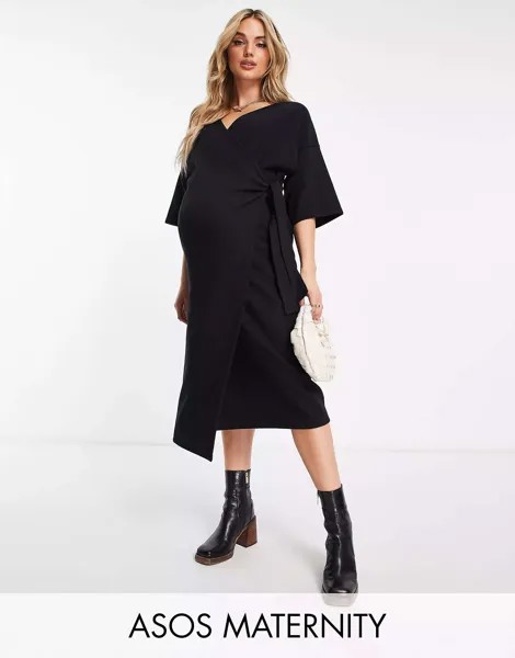 Супермягкое черное платье-джемпер миди с запахом и поясом ASOS DESIGN Maternity