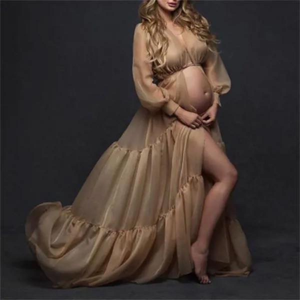 Однотонные Выпускные платья с длинным рукавом вечернее платье до пола для беременных ПУШИСТЫЕ платья для беременных для фотосессии