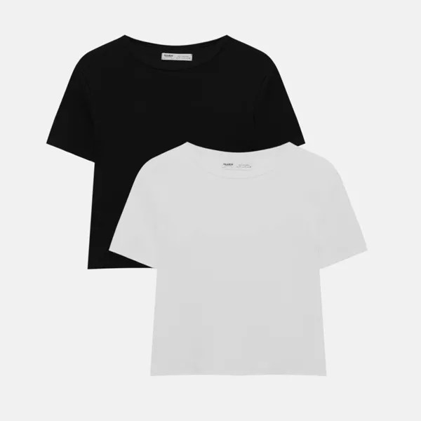 Комплект базовых футболок Pull&Bear в рубчик, 2 штуки, белый/черный