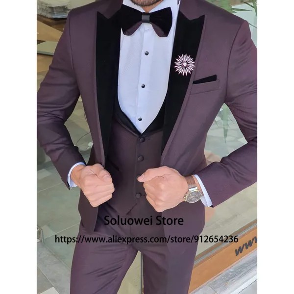 Модный виноградный фиолетовый свадебный смокинг для жениха с заостренным лацканом 3 предмета пиджак жилет брюки комплект костюм для мужчин деловые приталенные мужские костюмы