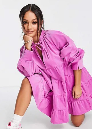 Розовое вельветовое ярусное платье мини свободного кроя ASOS DESIGN Petite-Розовый цвет