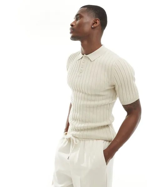Легкая трикотажная футболка-поло в рубчик ASOS DESIGN Muscle Revere Stone