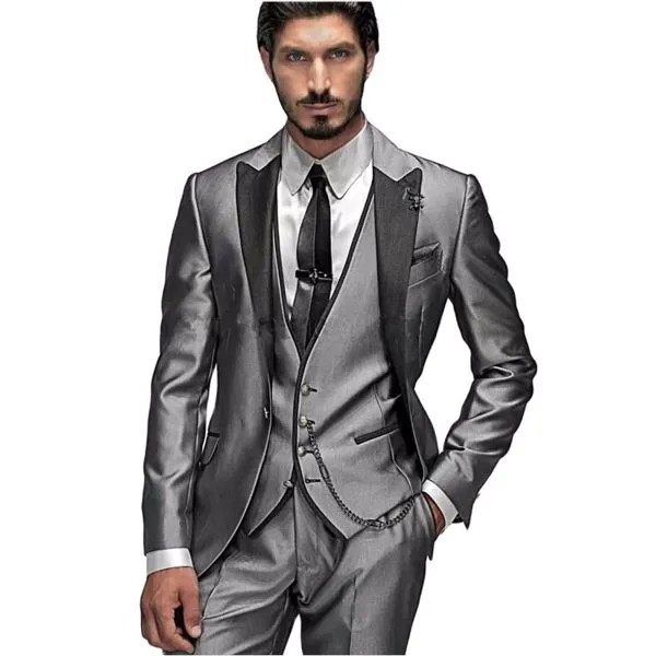 Блестящий серебряный серый Красивый смокинг для жениха Мужские Работы Бизнес костюм на выпускной блейзер для вечеринки платье (пиджак + брюки + жилет + галстук-бабочка) Ш: 202