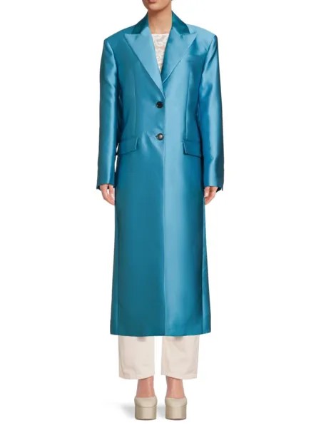 Атласное однобортное пальто Versace, синий