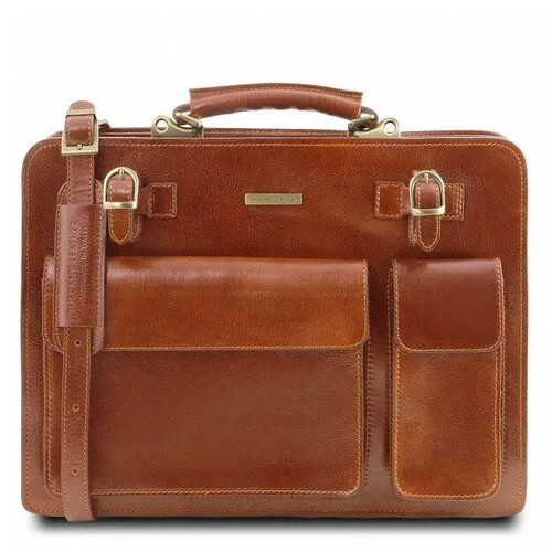 Портфель Tuscany Leather, натуральная кожа, гладкая фактура, на молнии, с плечевым ремнем, для мужчин, оранжевый, коричневый