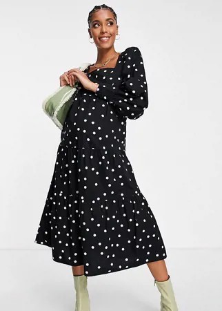 Ярусное платье миди в горошек из хлопкового поплина с квадратным вырезом Influence Maternity-Черный цвет