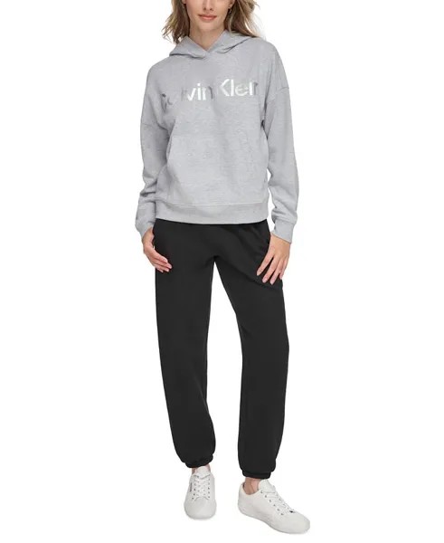Женская худи с заниженными плечами и металлическим логотипом Calvin Klein, серебро