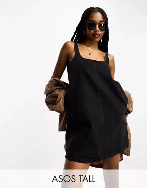 Черное джинсовое платье с фартуком ASOS DESIGN Tall