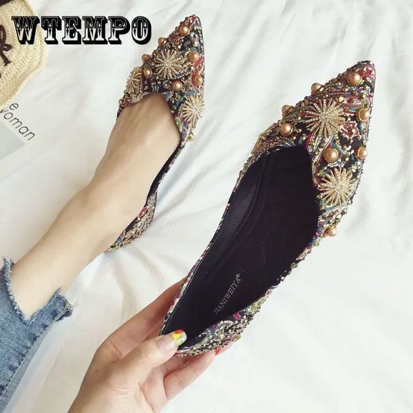 Корейская версия ретро одиночных туфель женская печатная ткань заостренный носок плоские туфли горный хрусталь заклепка совок обувь мелкий рот мягкий нижний ботинок all-match