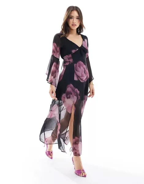 Шифоновое платье макси Miss Selfridge с расклешенными рукавами, годе и размытым цветочным принтом