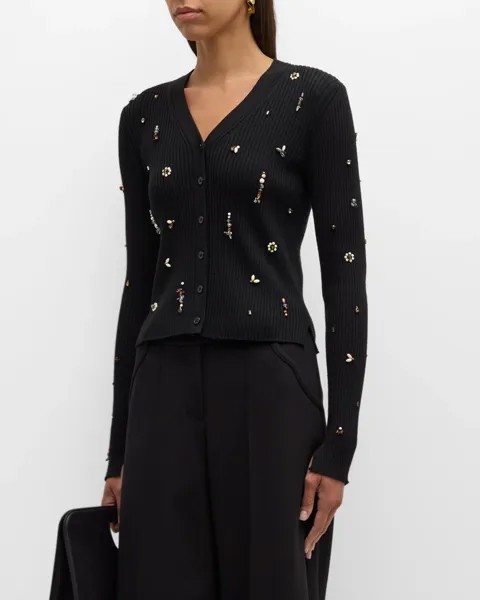Украшенный кардиган в рубчик из мериносового бисера DOROTHEE SCHUMACHER, цвет 999 - Pure Black